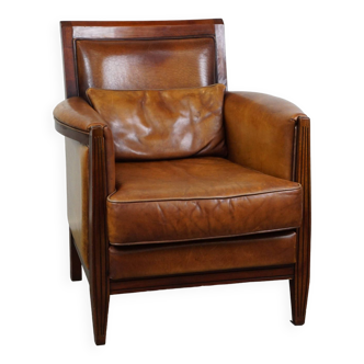 Sheep leather Art Deco design armchair with high seating comfort