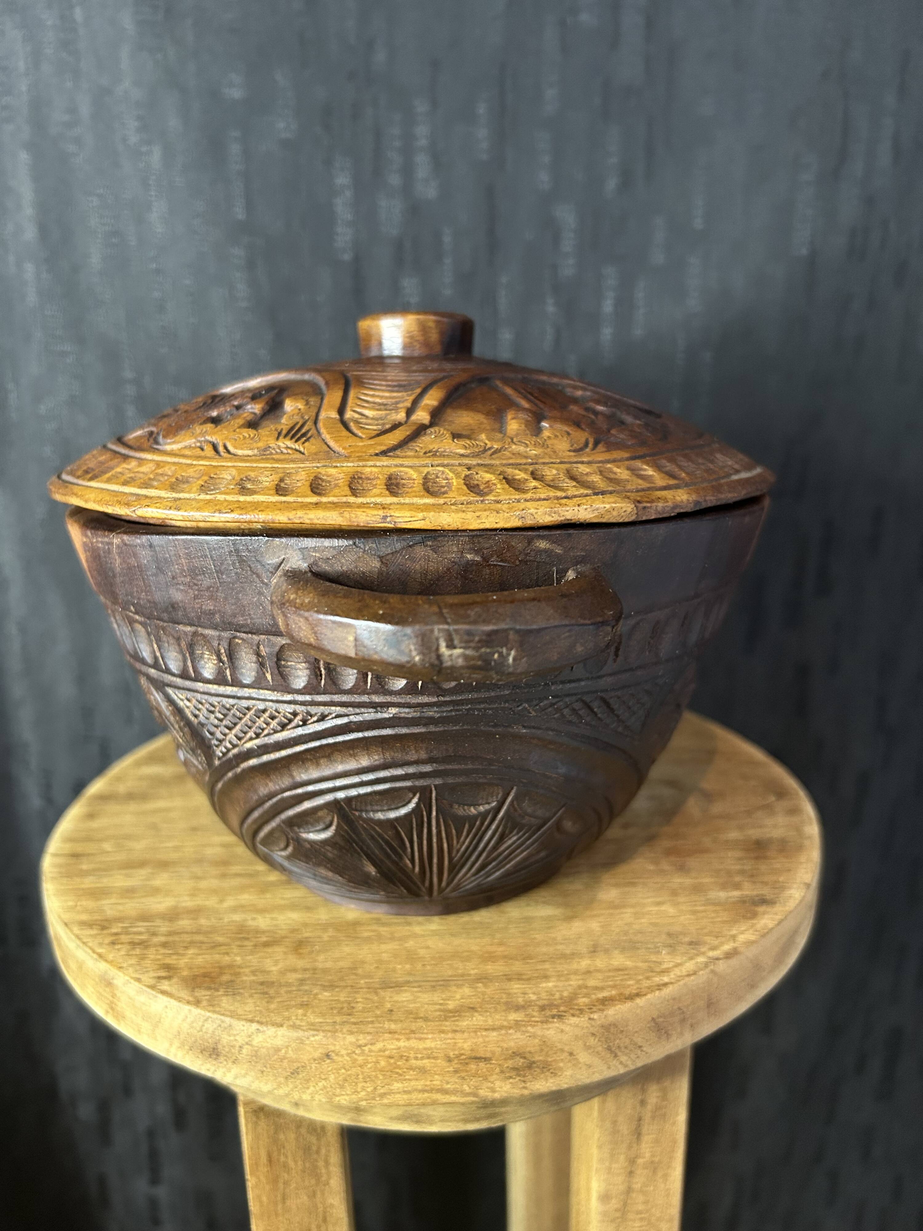 African Art - Madagascar - Vintage - Covered Pot - Carved Rosewood - 1950