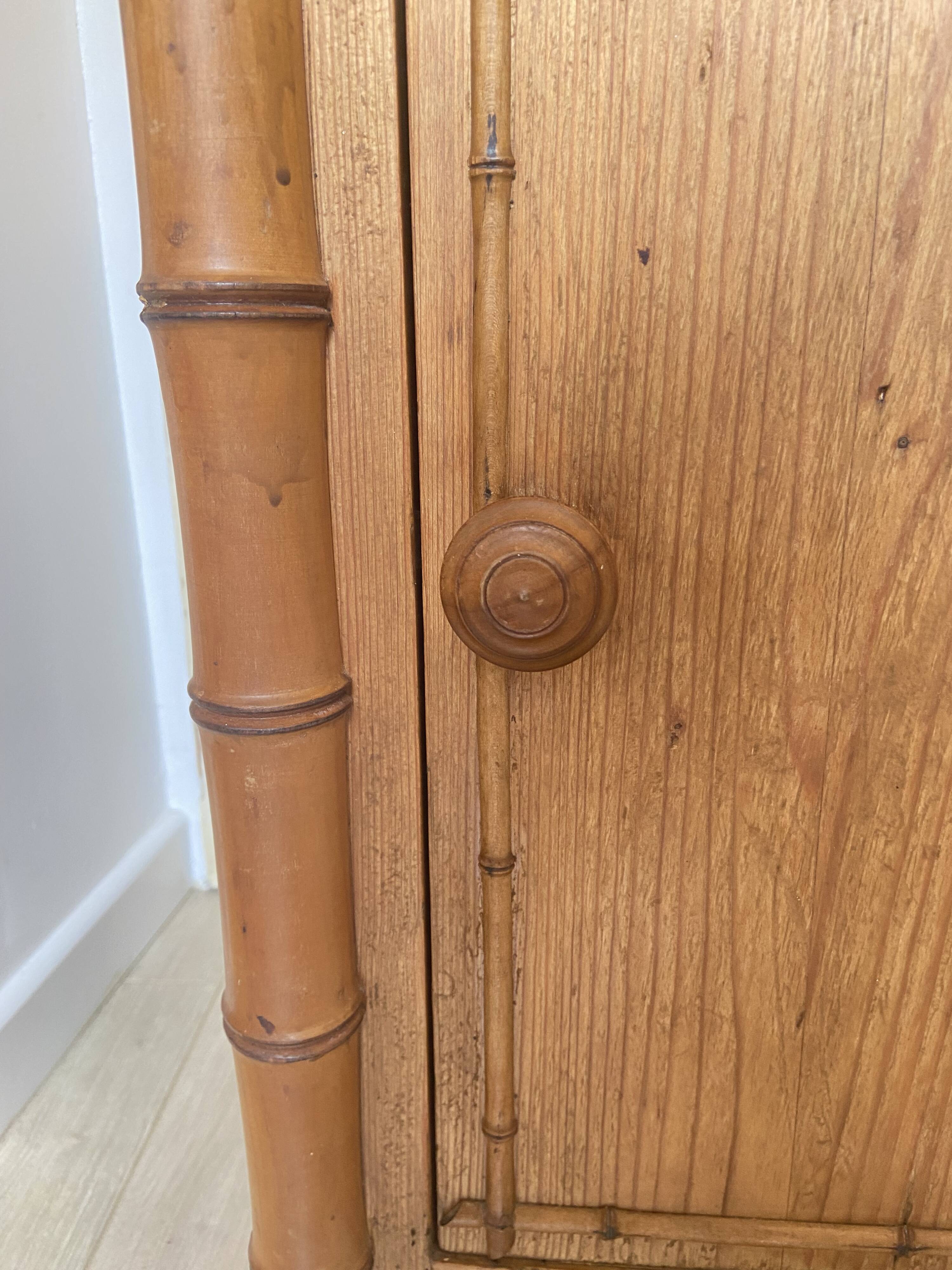 Bedside table / nightstand in pitchpin pine wood and bamboo with marble top
