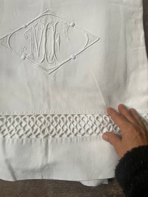 Similar listings: Antique cotton sheet embroidered with the monogram MF