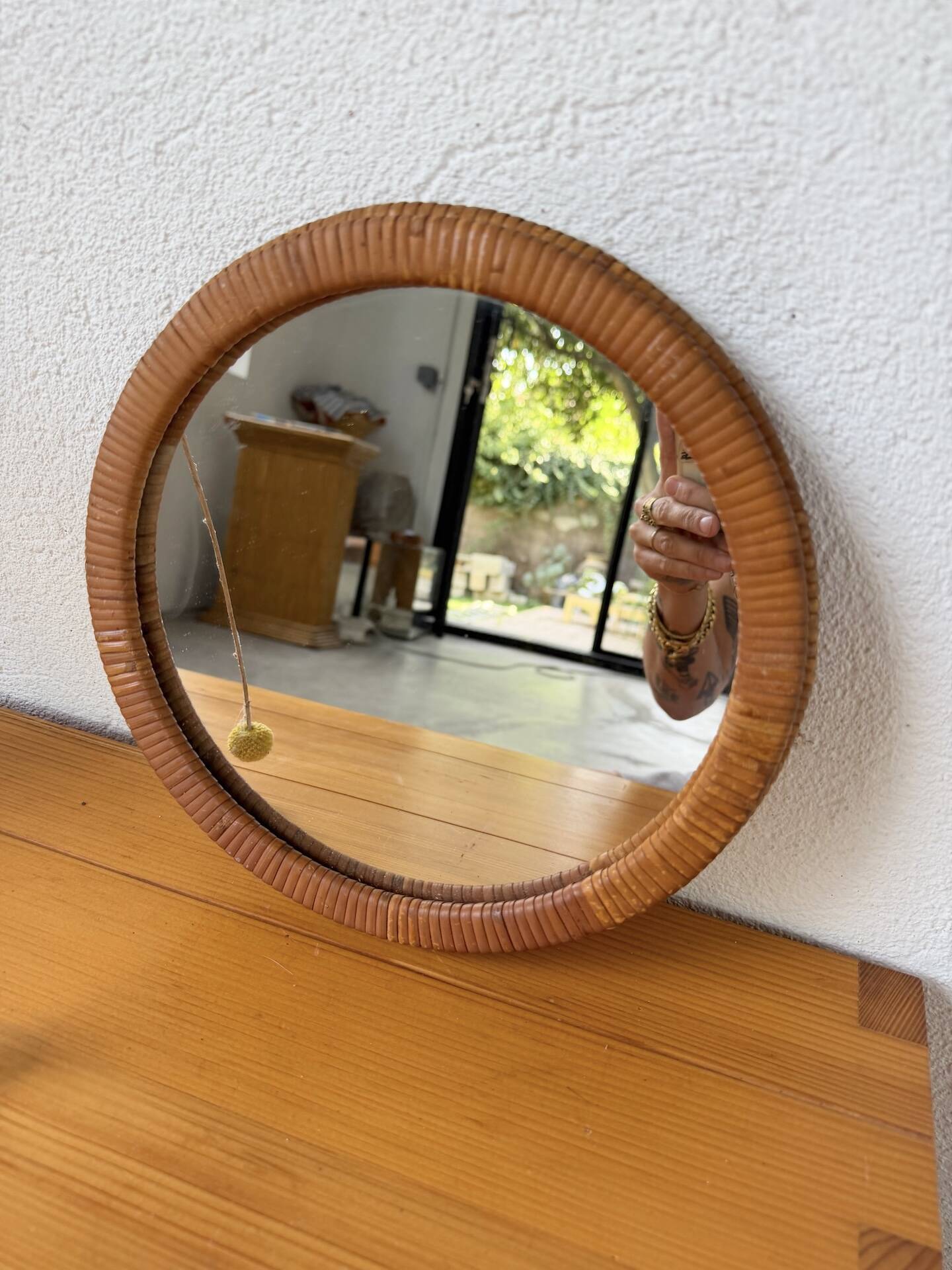 Woven wicker round mirror 1960