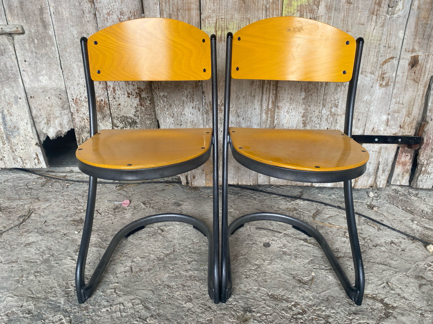 Pair of Chairs SOUVIGNET Model ELODIE Grey Metal & Wood Made in France