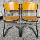 Pair of Chairs SOUVIGNET Model ELODIE Grey Metal & Wood Made in France