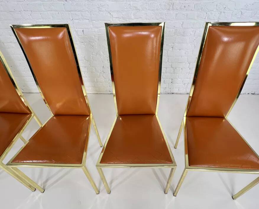 Set of 6 brass and leather chairs, Italian design from the 70s