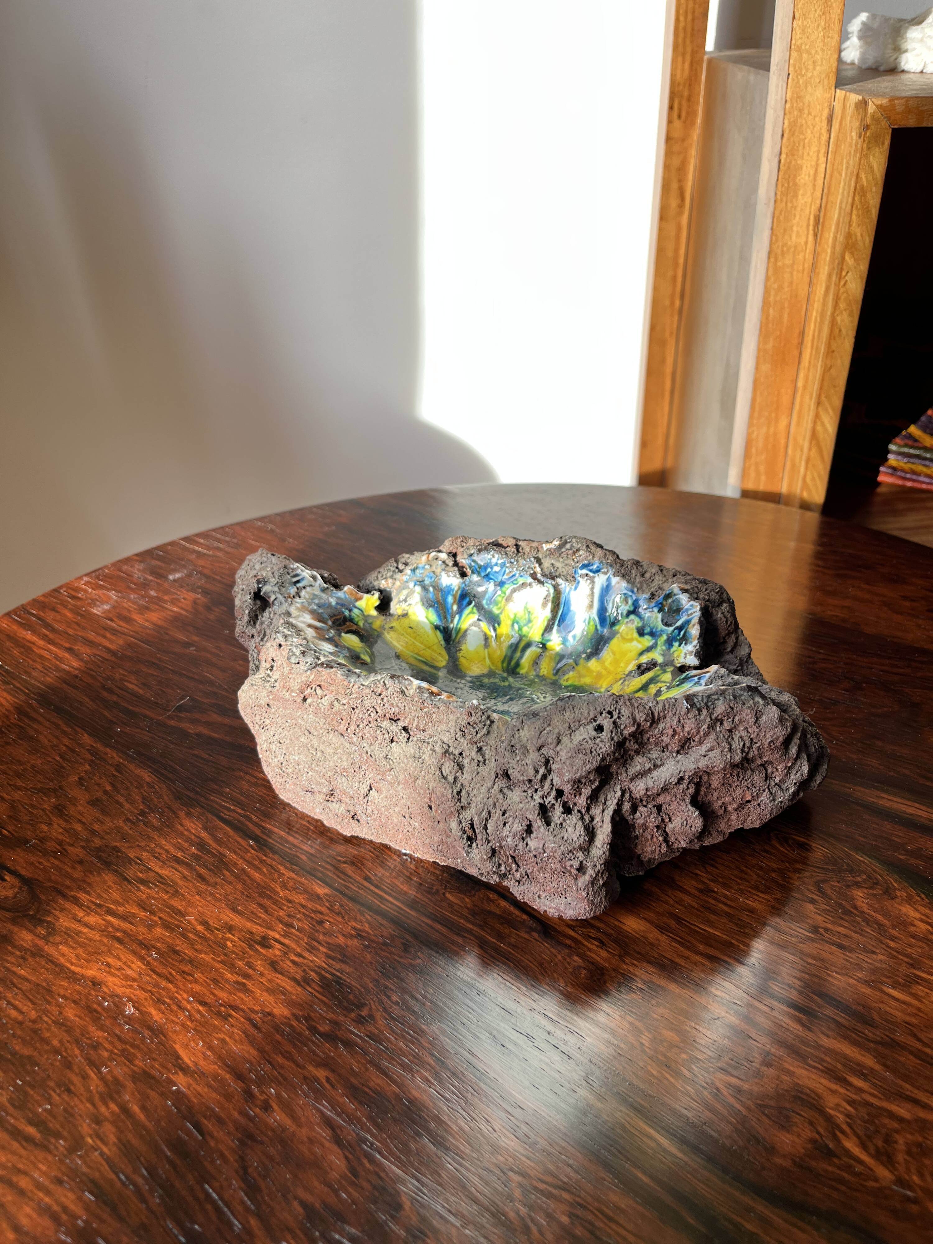 Brutalist vintage enameled volcanic lava trinket dish