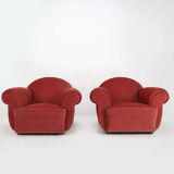 Set of 3 French Art Deco Red velvet Upholstered Armchairs, 1930s