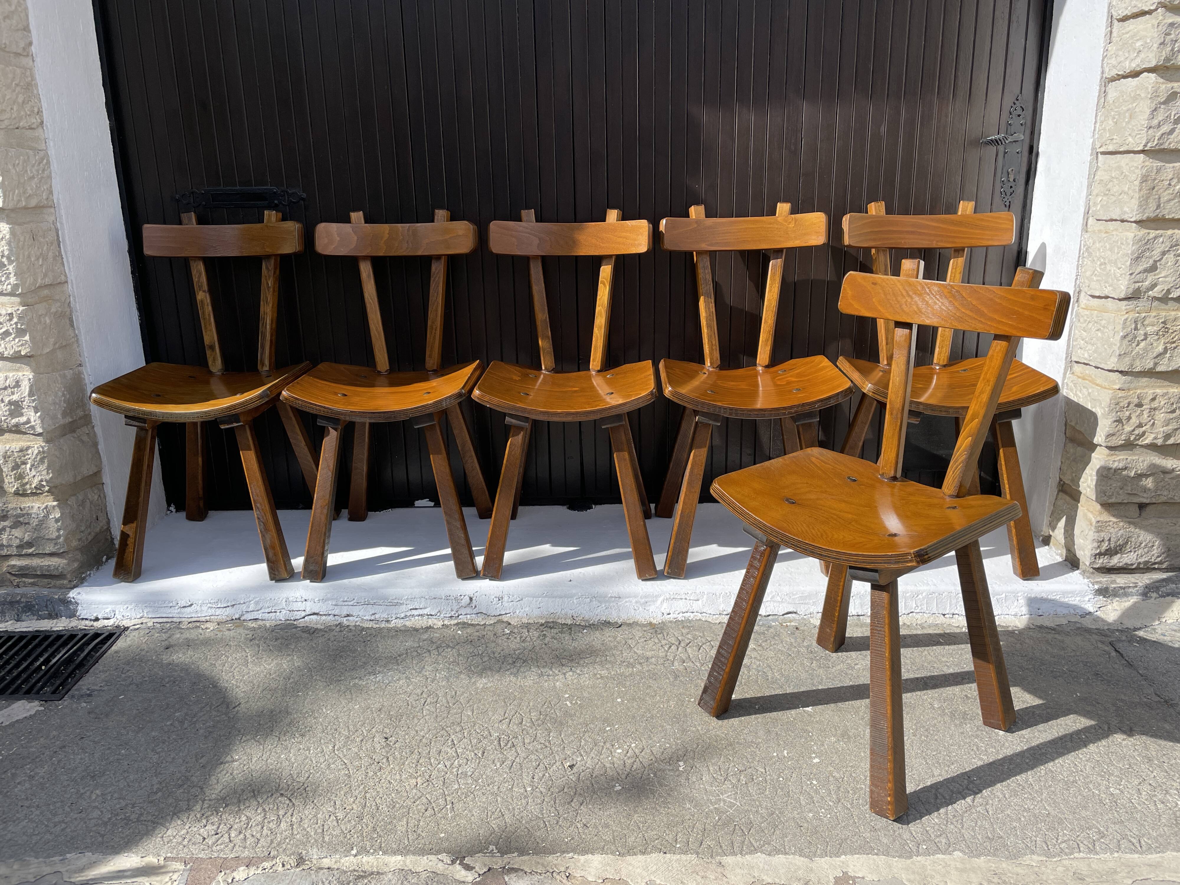 Set of 6 vintage chairs "Brutalist" in elm, 1950