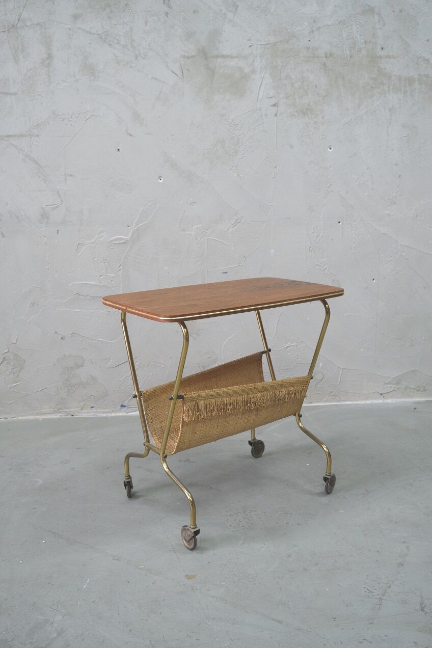 Mid-century teak and brass mobile side table with magazine holder, 1960s