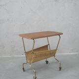 Mid-century teak and brass mobile side table with magazine holder, 1960s