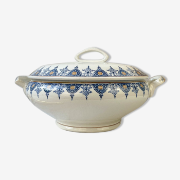 Vintage soup pot Iron Earth Saint Amand blue orange pattern 1930s