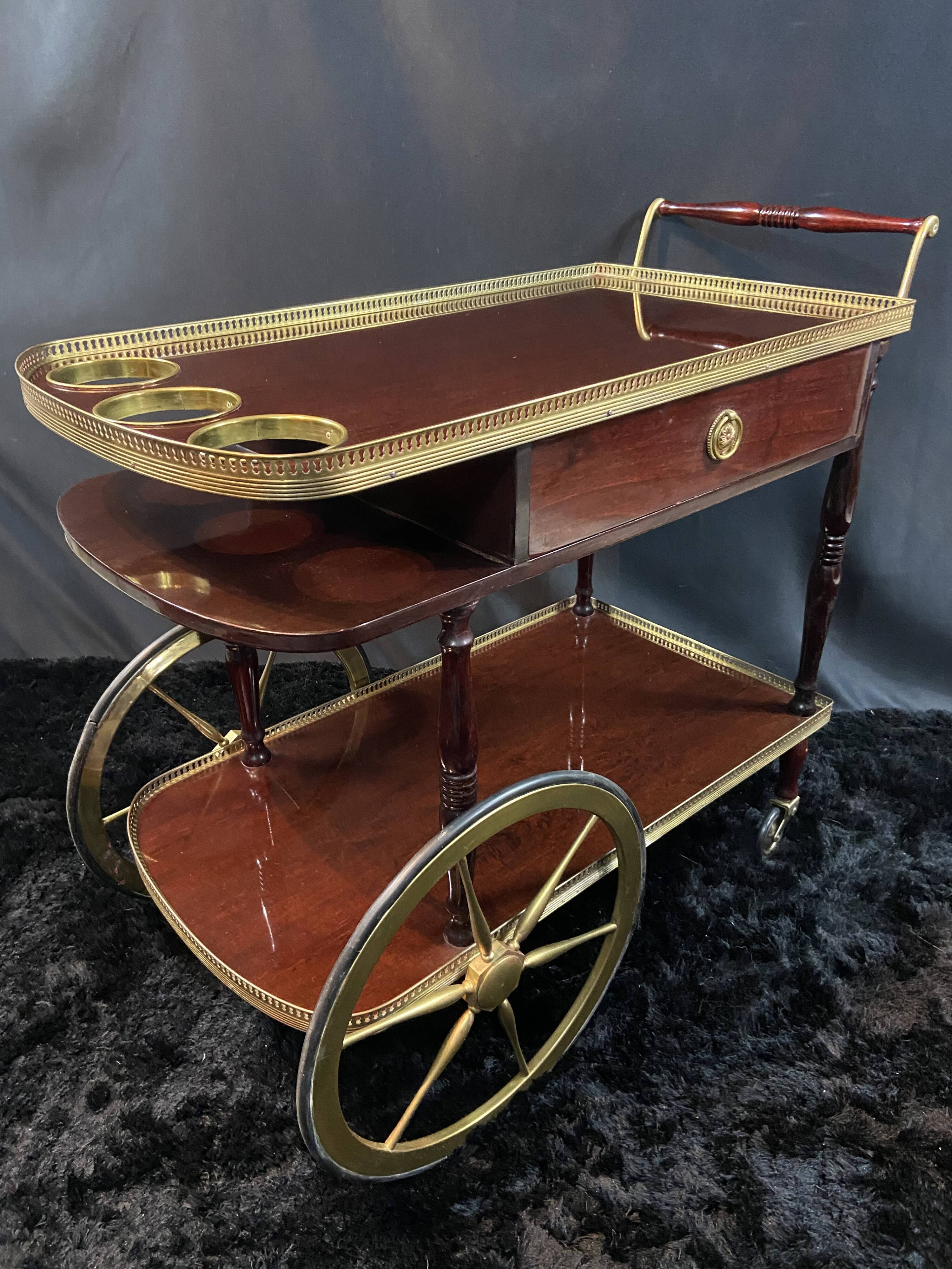 Rolling bar cart, bar trolley, bar rolling in varnished mahogany and brass