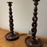 Oak Open Barley Twist Candlesticks with cast brass tops