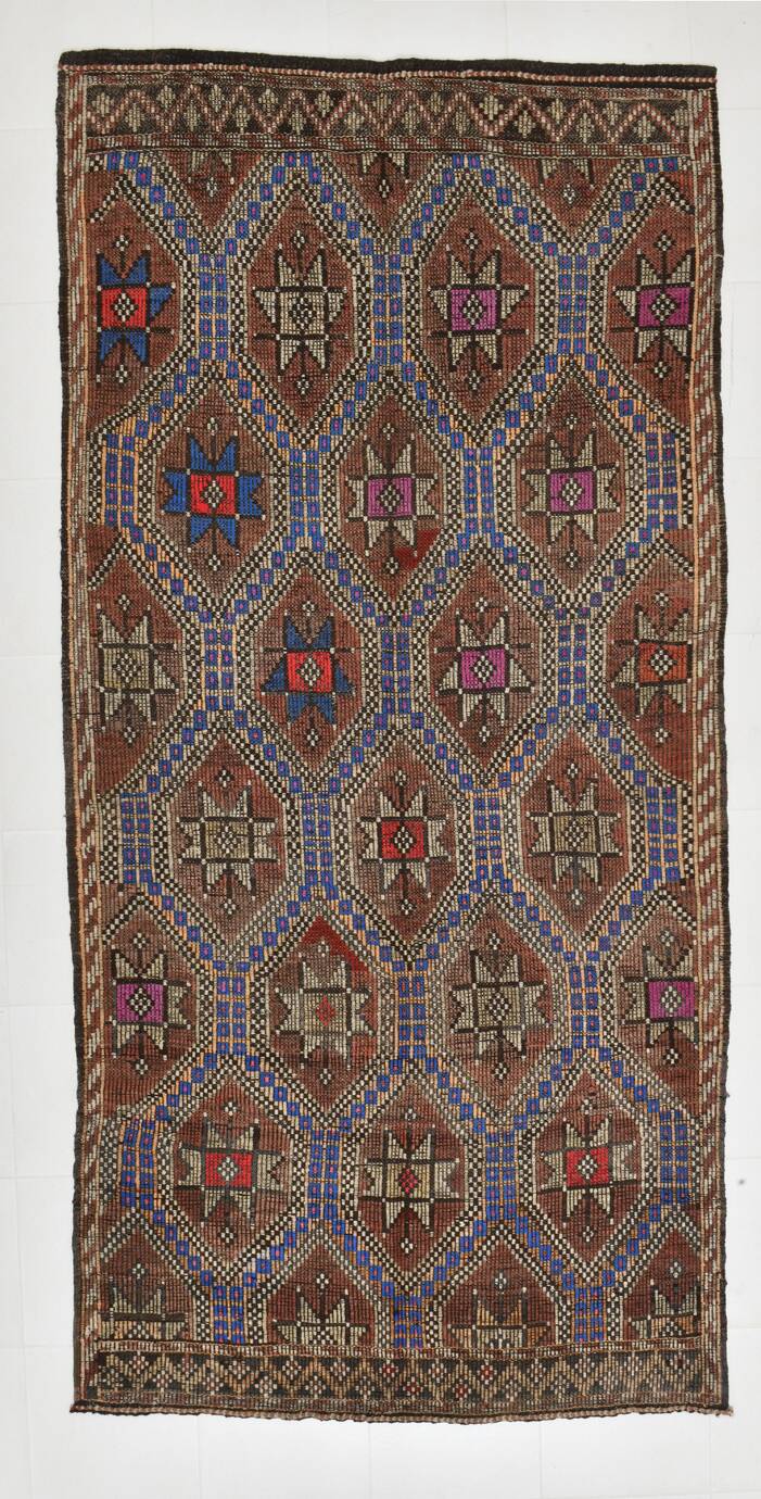 Blue & Brown Star Pattern Kilim Rug, 153x315Cm