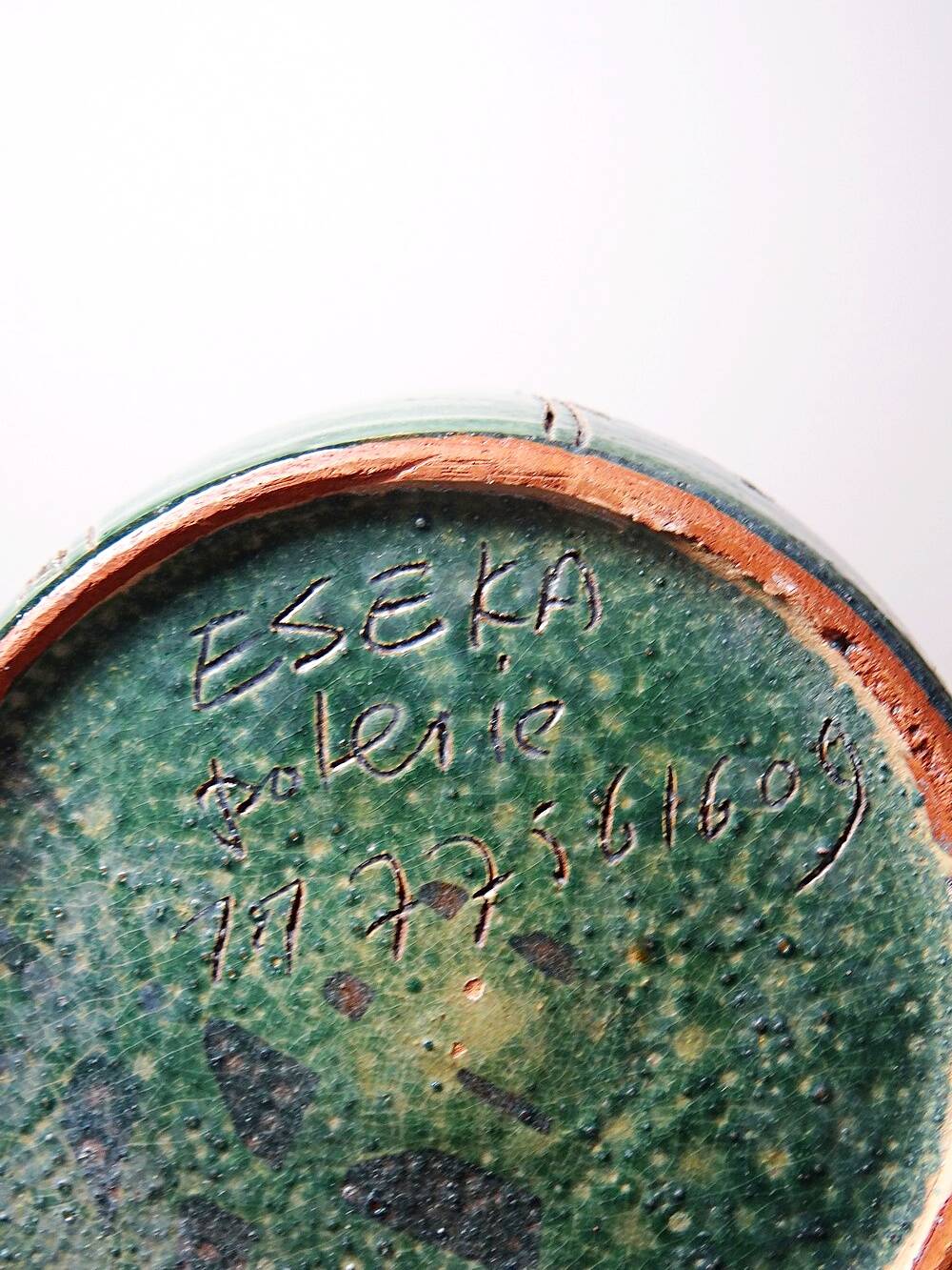 Vintage blue-green artisan pottery vase with incised tribal decoration Eseka Pottery.