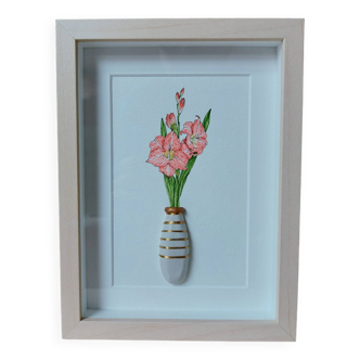 Glaïeuls - Composition d'un bouquet de glaïeuls en aquarelle dans un vase en arg