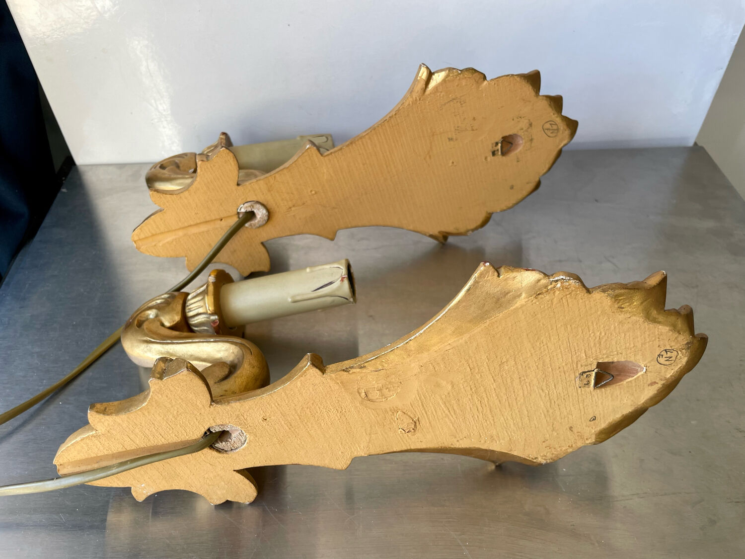 Pair of vintage gilded wood electric wall sconces