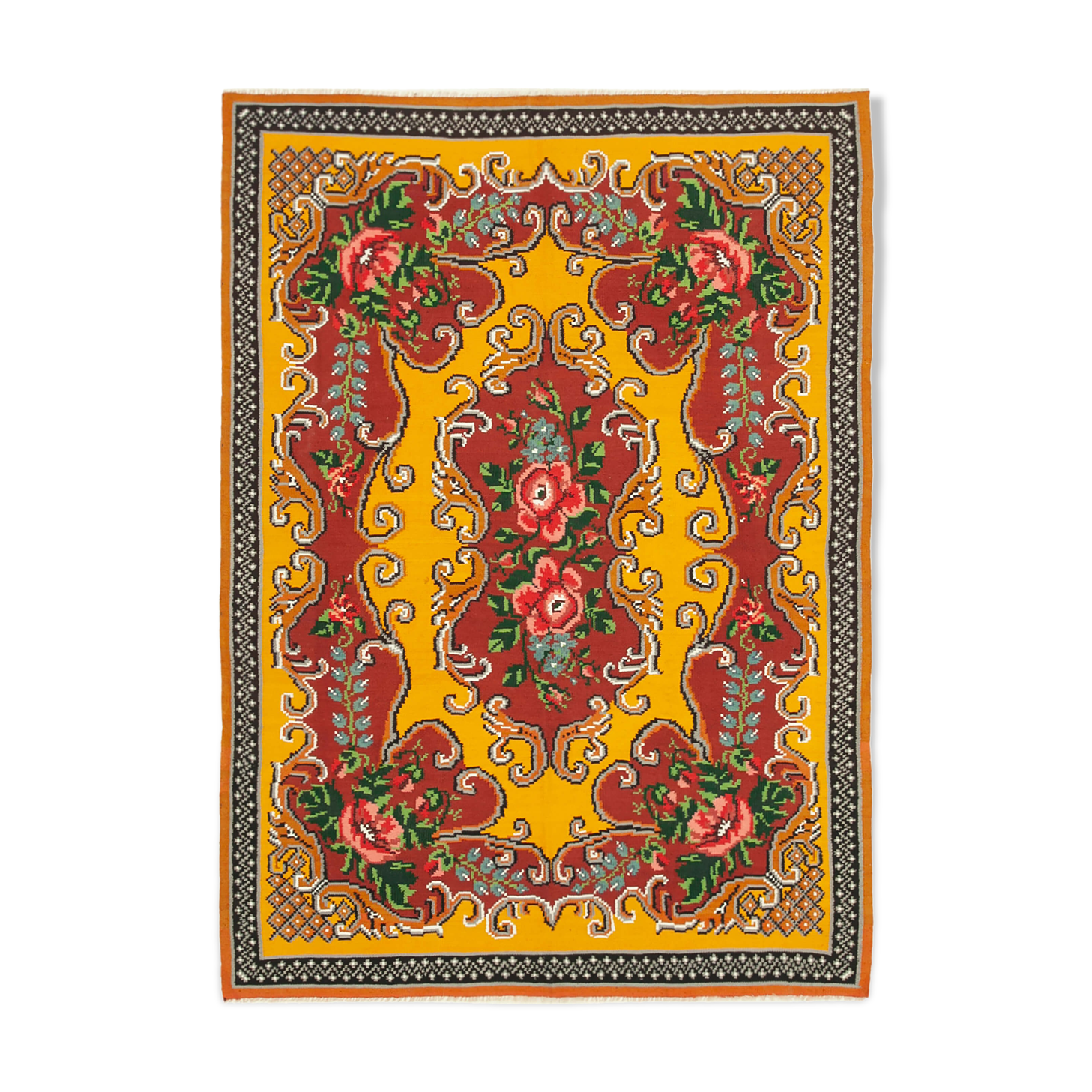 Handwoven Vintage Bessarabian Yellow Kilim 182 cm x 246 cm - 23410