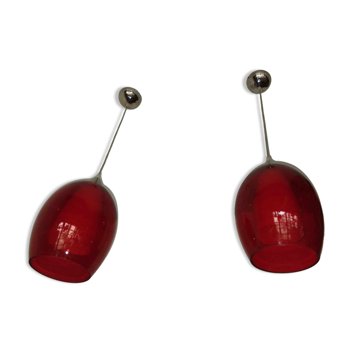 Pair of conical pendant lights in red tinted glass