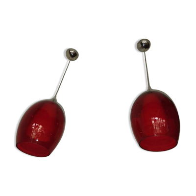 Paire de suspensions coniques en verre teinté rouge