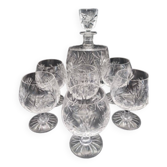 Carafe and 6 hand-cut crystal cognac glasses. 1960s.