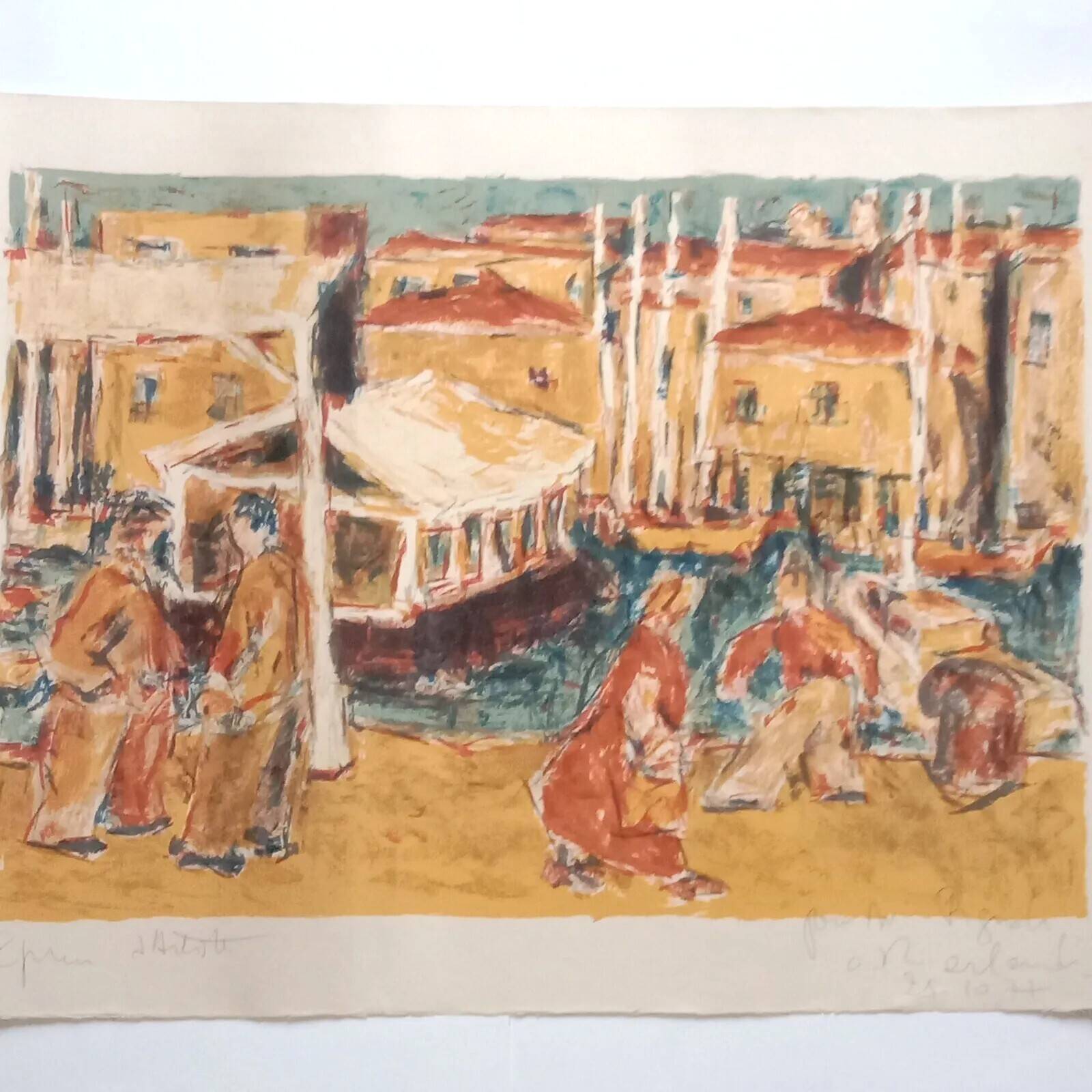 Port of Marseille, original lithograph signed by Arlandis Antoine, 1977