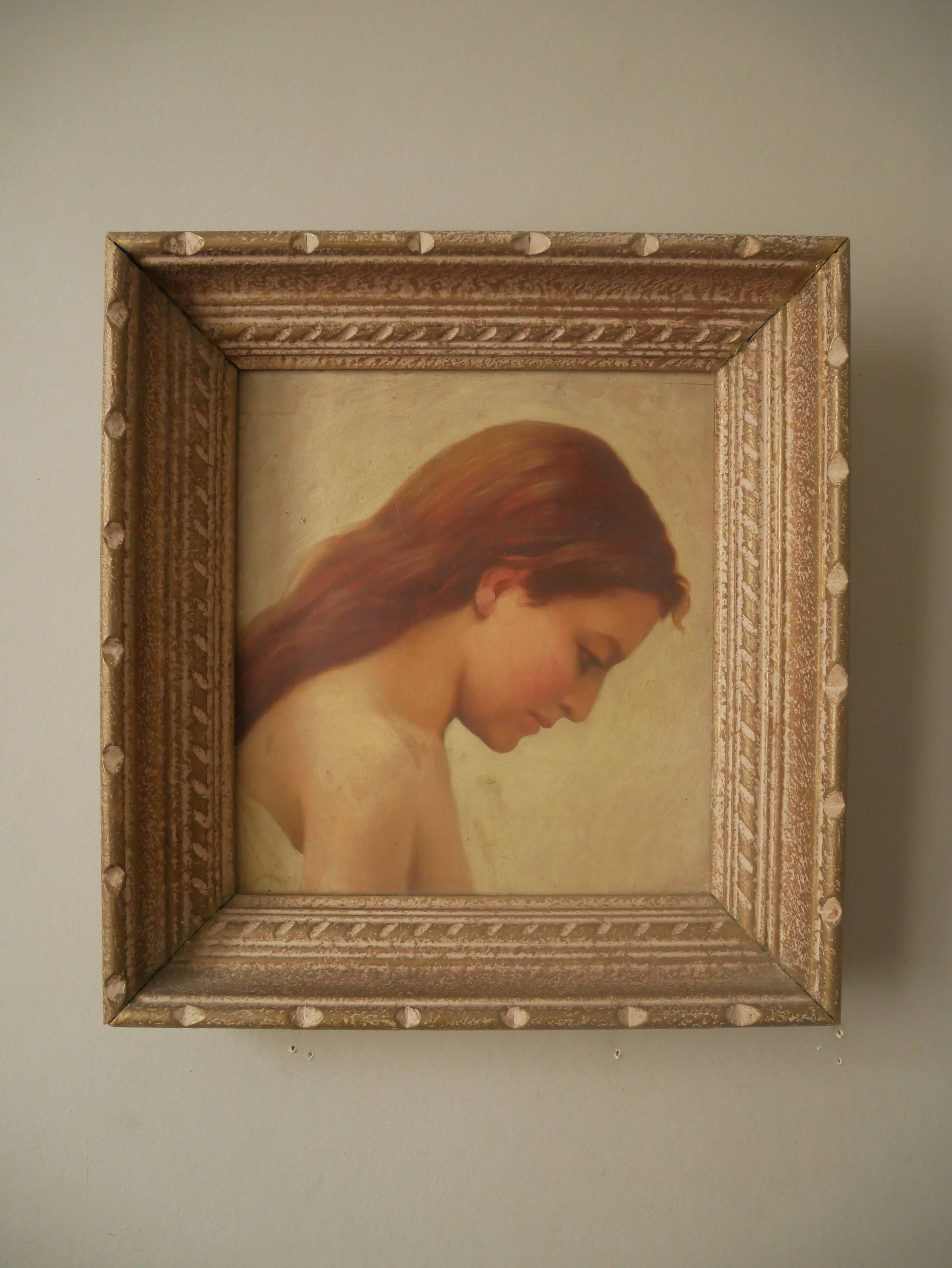 Tableau portrait jeune femme profil décoration antique bohème campagne peinture tons beige nude