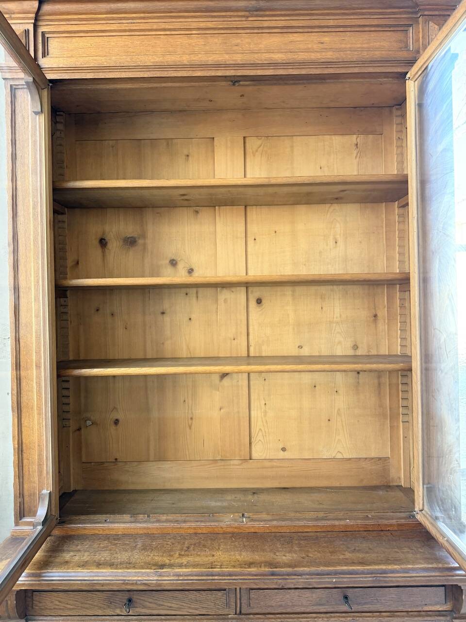 Antique XL Napoleonic oak glass bookcase, 19th century