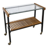 1960s serving cart, hi-fi cabinet on casters, teak, black metal, glass