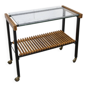Desserte 1960 meuble hifi sur roulettes teck métal noir verre