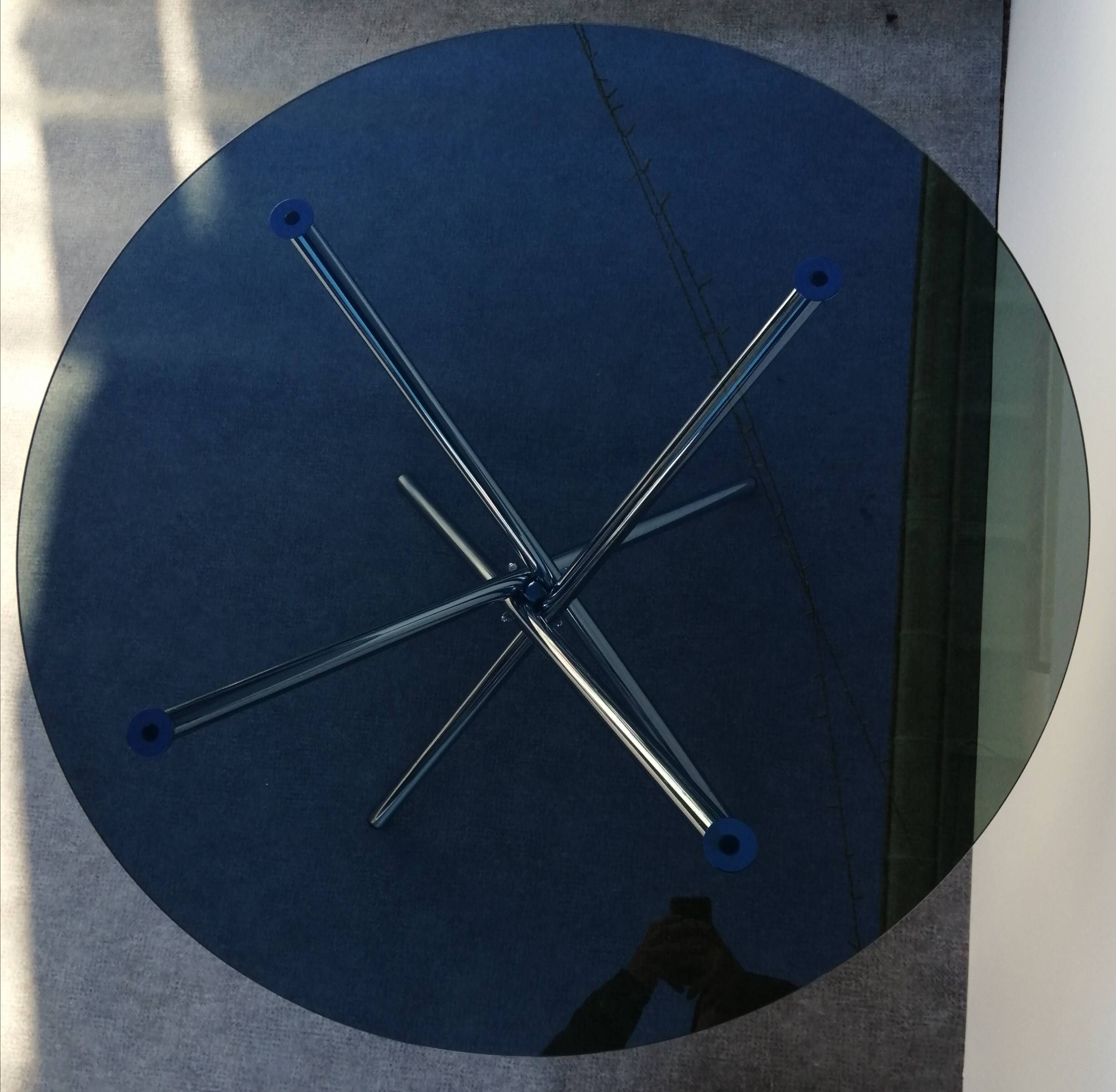 Designer smoked glass table, chrome Mikado base, vintage 1970