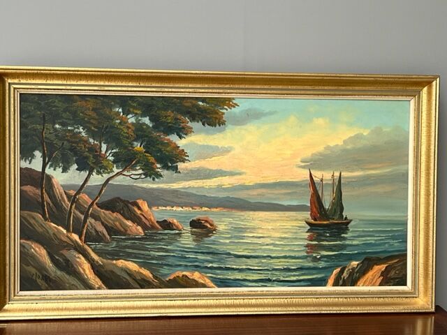 Old painting HST Signed Morel Boat by the Sea