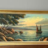 Tableau ancien HST Signé Morel, bateau en bord de mer