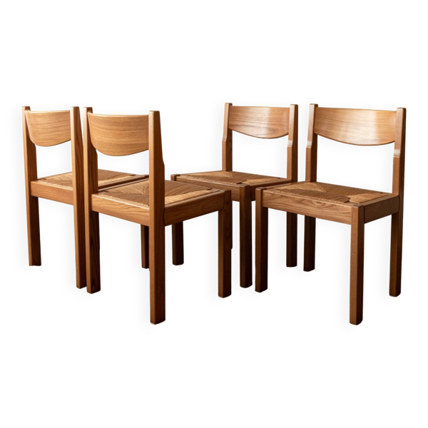 Chaises de salle à manger en frêne et paille de style mid-century par Maison Regain, années 1970, ensemble de 4.