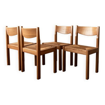 Mid Century Elm and Rush Dining Chairs by Maison Regain, 1970s, Set of 4
