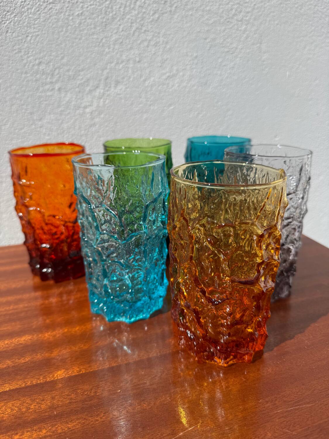 Large multicoloured glasses by Geoffrey Baxter from the 1960s.