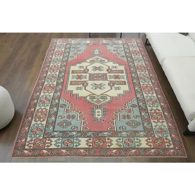1970s vintage Turkish Oushak handmade wool cotton pink area rug 190x245