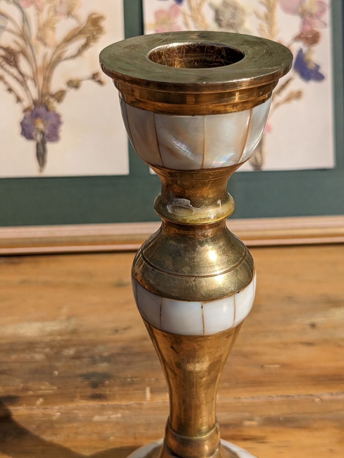 Brass and mother-of-pearl candle holder