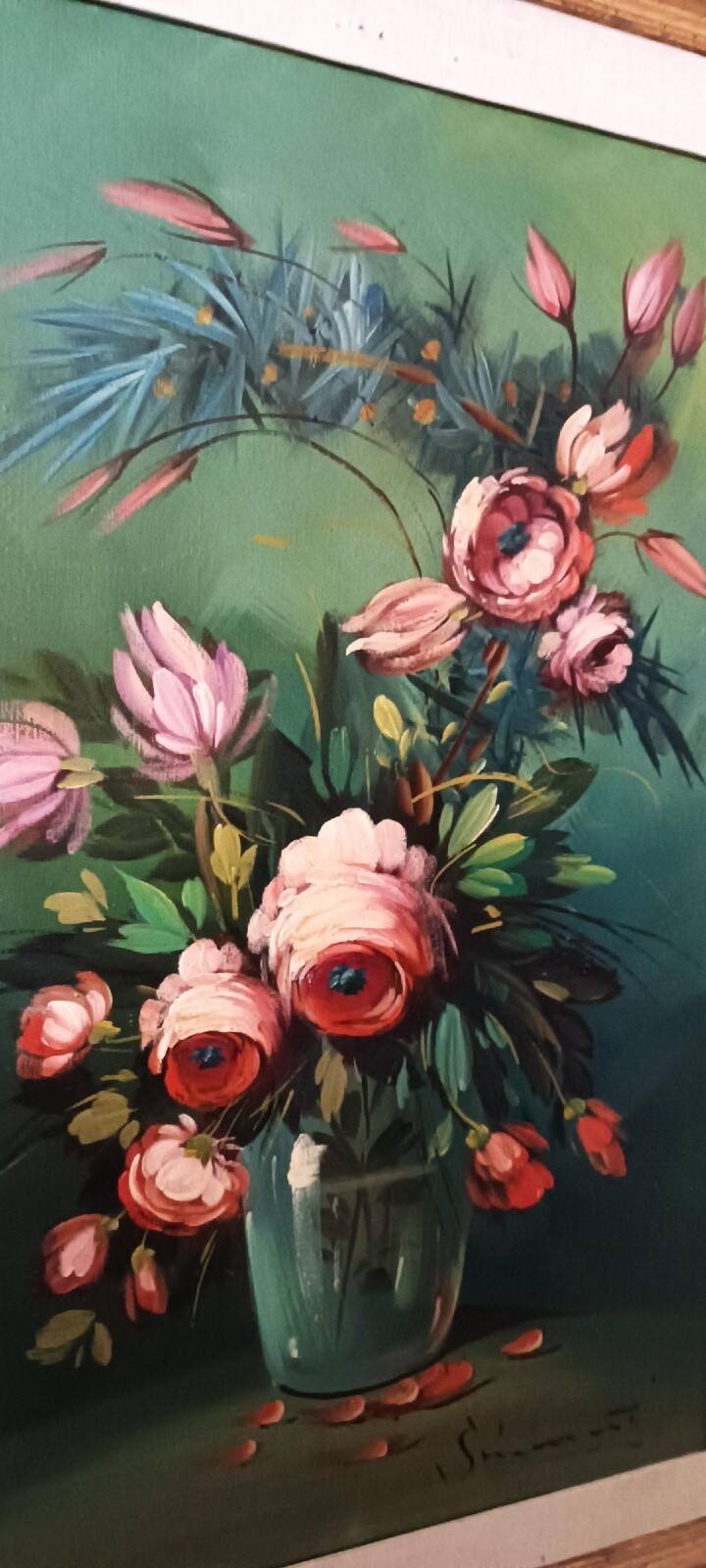 Large oil painting on canvas vase with flowers signed