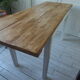 Farm table, leg and belt patinated pearl gray, waxed top medium oak.