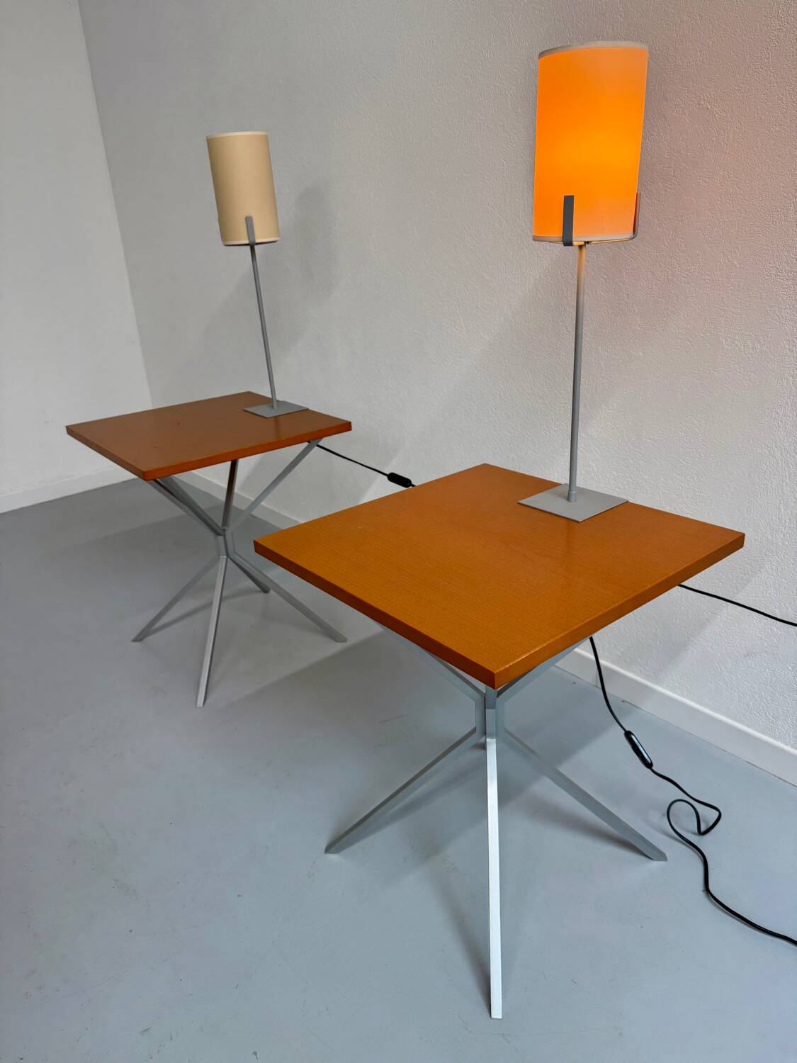 Side table / bedside table with designer lighting, Ligne Roset metal and wood