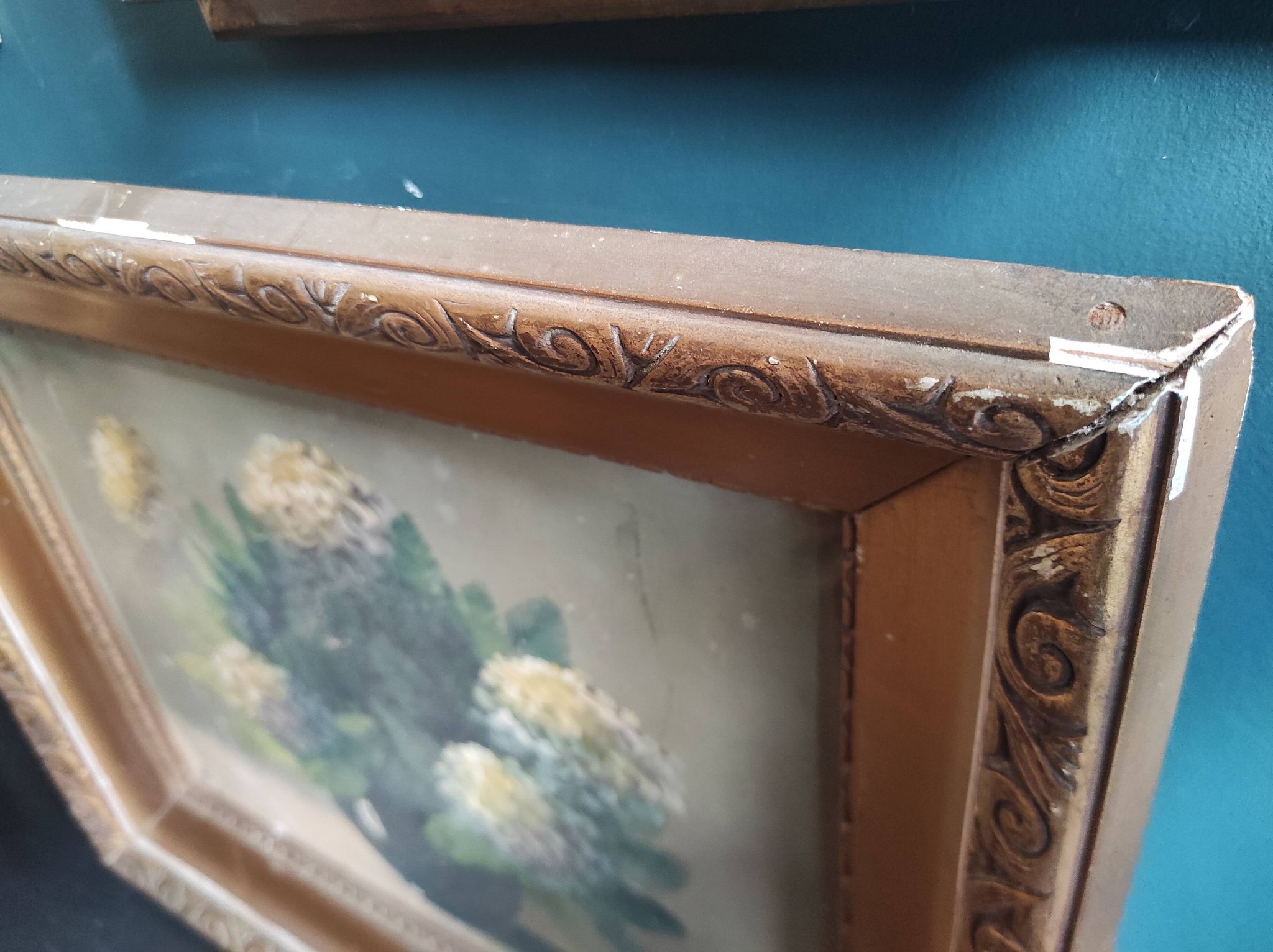 Vintage French oil painting of chrysanthemums, signed