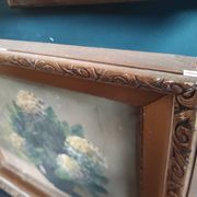 Vintage French oil painting of chrysanthemums, signed