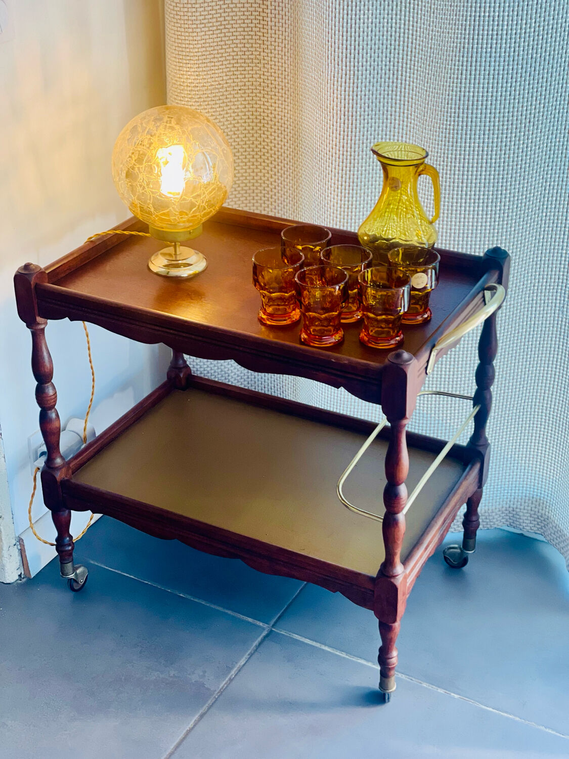 Vintage wooden and gilded brass rolling dessert trolley