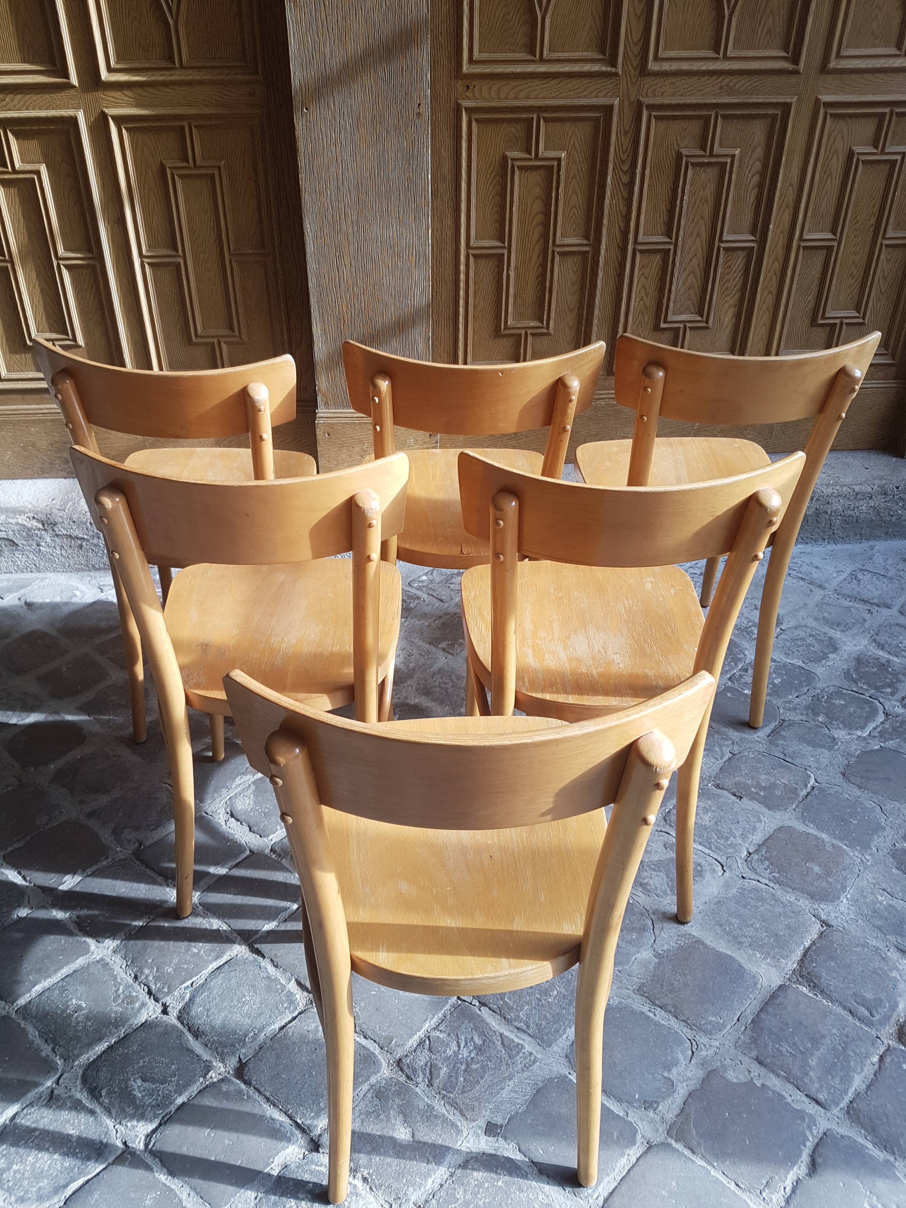 Lot of 6 vintage light wooden bistro chairs