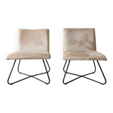 Pair of vintage armchairs in beige velvet and metal