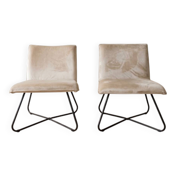 Pair of vintage armchairs in beige velvet and metal
