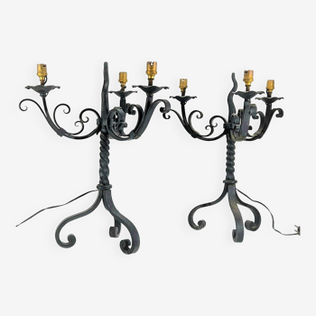 Pair of chandeliers lamps with three wrought iron lights - French work of the 30s