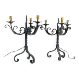 Pair of chandeliers lamps with three wrought iron lights - French work of the 30s