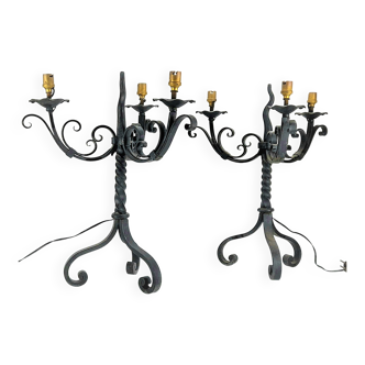 Pair of chandeliers lamps with three wrought iron lights - French work of the 30s