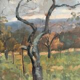Tableau « Paysage arboré » , Huile sur panneau